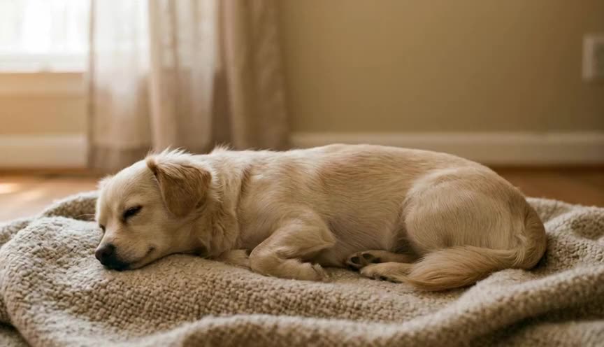 A dog resting in soft morning light by a window.